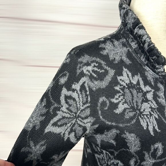 Peruvian Link Alpaca Black Gray Floral Zip Front Mock Neck Cardigan Sweater S - Picture 6 of 12